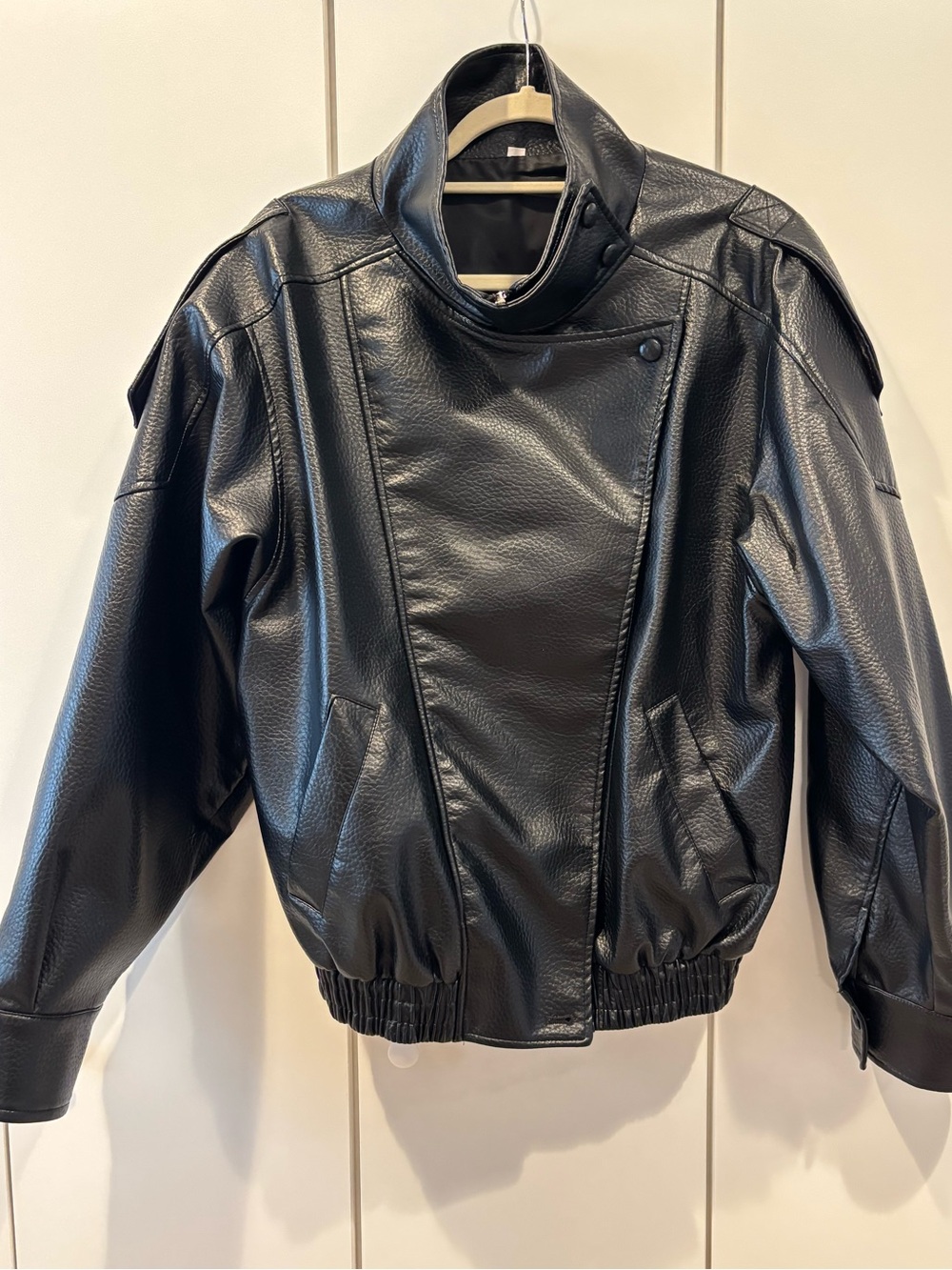 Black Faux Leather Bomber Jacket with High Collar